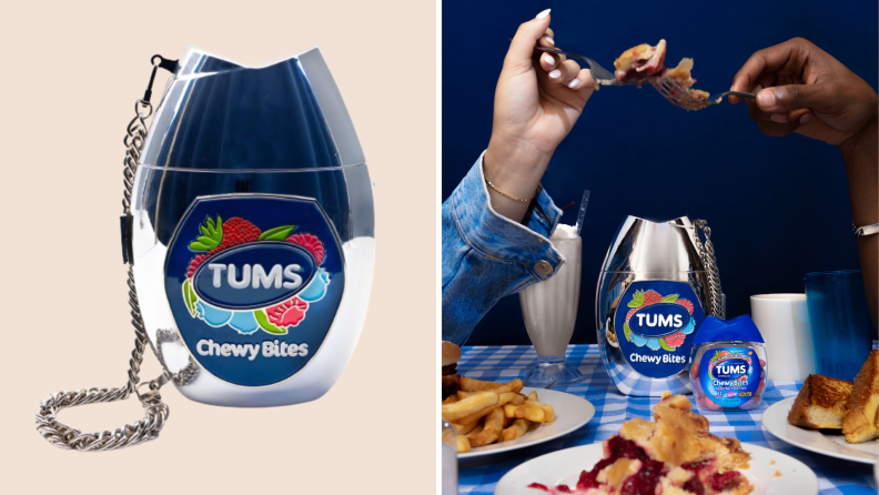 A product shot of the Tums Bag, and a photograph of two hands toasting their bites of cherry pie on a table covered in food and the Tums Bag.