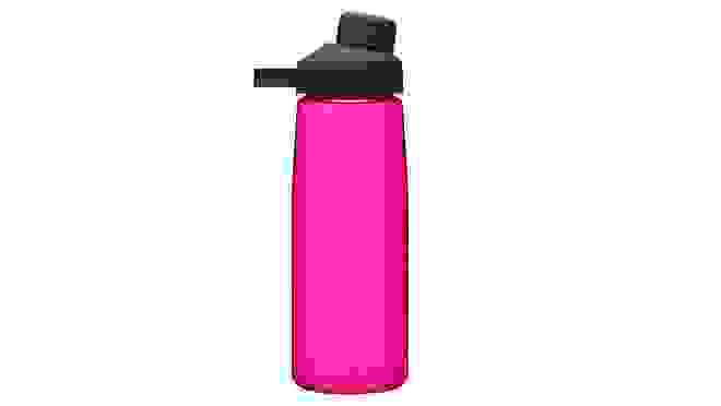 Single pink plastic reusable water bottle.