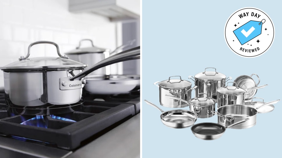 Photo of a set of Cuisinart cookware on a blue background next to a photo of a Cuisinart pot on a gas burner.
