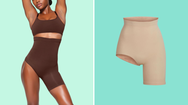 Two photographs of a shaping short with only one leg.