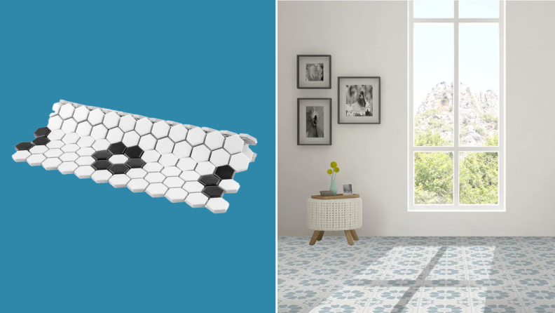 Photo collage of black and white subway tile panel and blue patterned tile on living room floor.
