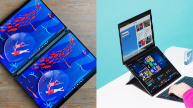 Left: A dual-screen laptop displaying a colorful background lying flat against a wooden surface. Right: Person typing on the Asus Zenbook Duo laptop on top of a white desk.