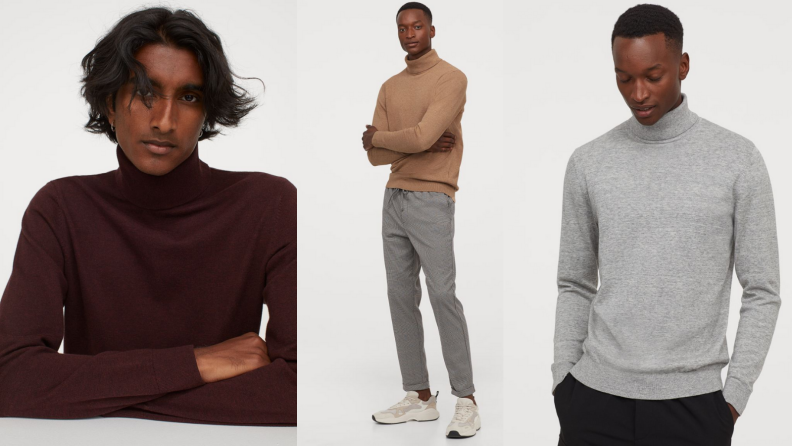 Three images of men in the same turtleneck sweater. The first image features the sweater in burgundy, the second in tan, and the third in gray.