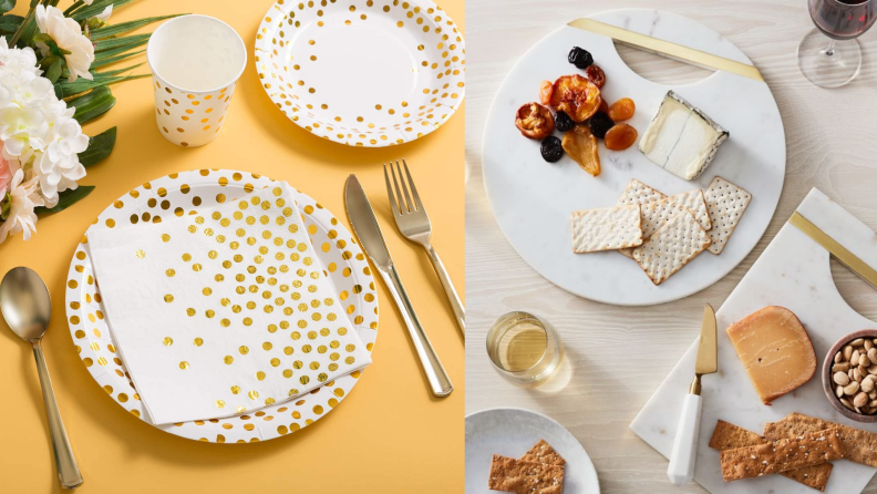 On the left, a gold dotted paper plate. On the right, a marbled cheese board.