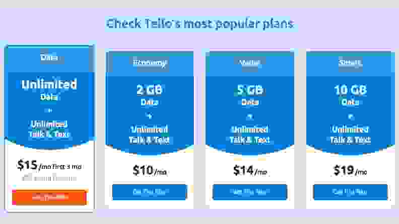 4 blocks showing Tello Mobile's most popular plans including Data, Economy, Value, and Smart