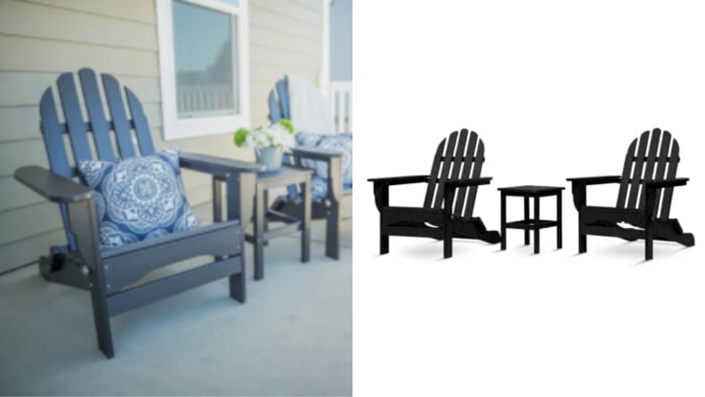 an Adirondack chair on a porch, next to a black Adirondack chair set, including a small table