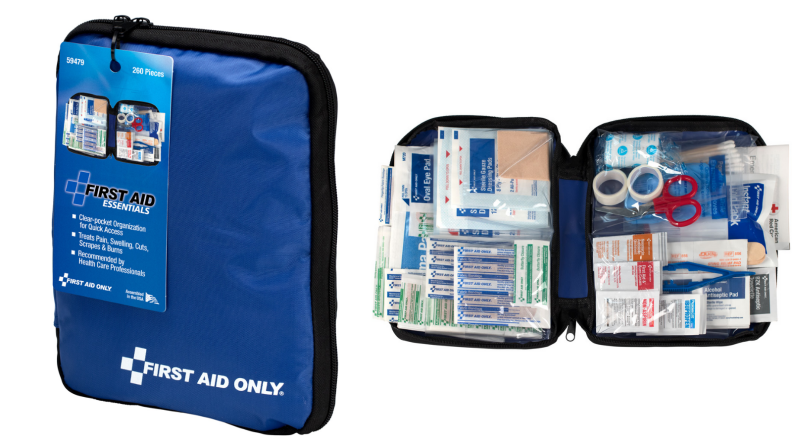 Blue first aid kit next to an open first aid kit