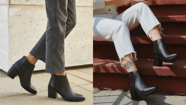 Side by side images of women wearing chelsea boots