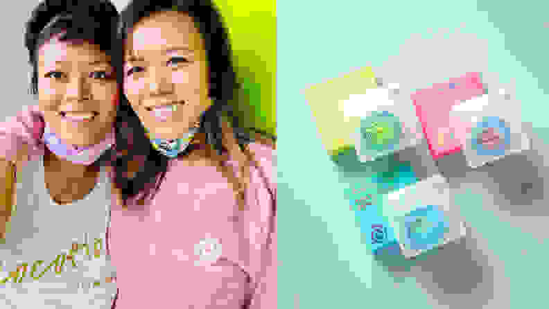Left: Asian female founders of Cocofloss, right: multi-colored cocofloss on blue background