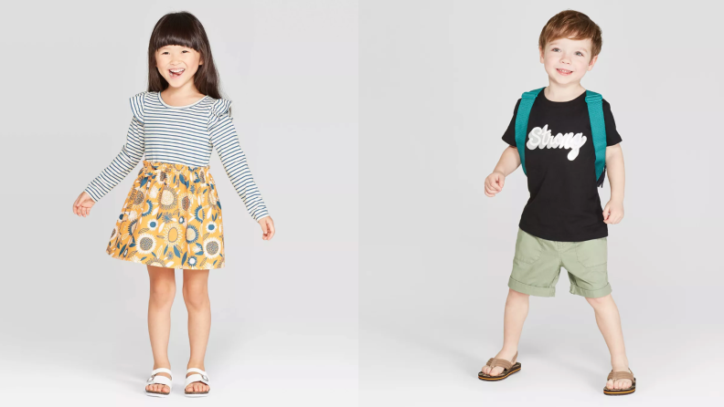 On the left: A young girl wears a dress and smiles to the camera. On the right: A young boy, wearing shorts, a t-shirt, and flip-flops smiles to the camera.