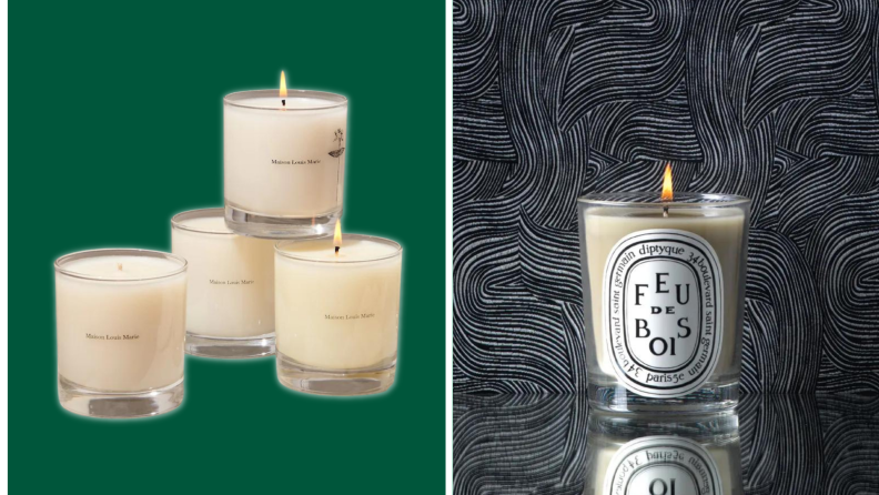 A stack of candles against a green background. On the right, a candle against a swirled background.