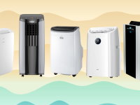 Five portable air conditioners on a blue and orange wavy background