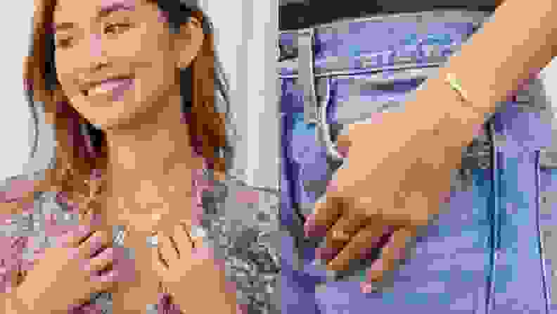 Left: A model in a floral-print shirt shows off her trendy necklaces. Right: In close-up, a hand model is wearing a pair of rings and a gold bracelet.