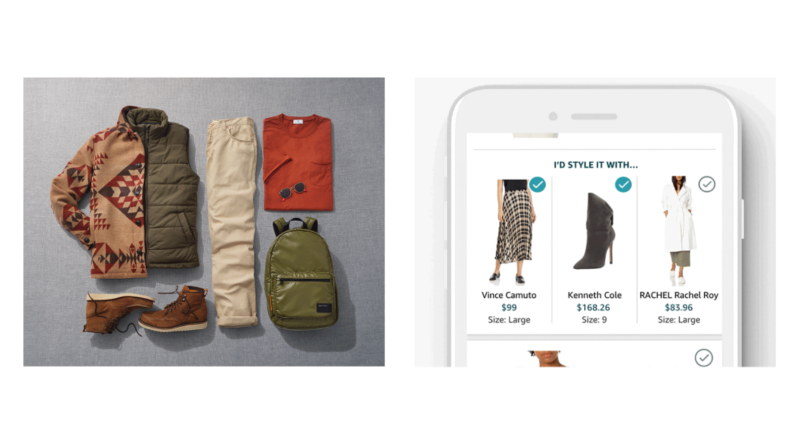 An image of a selection of items including clothes and bags on a gray background alongside a screenshot of a phone screen depicting Amazon Personal Shopper selections as seen on the Prime app.