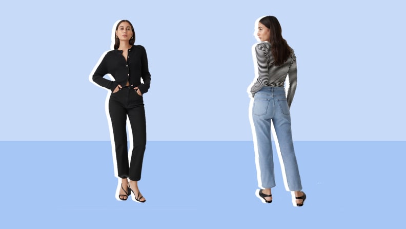 Models featuring front and back of blue and black denim jeans.