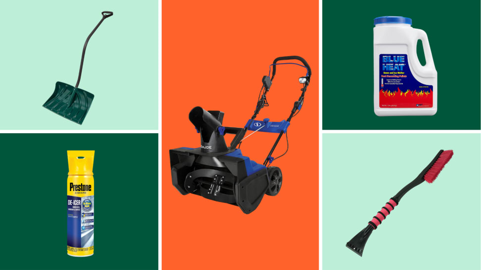 A snow shovel, snow blower, ice melt, a window wiper, and a de-icer on a colorful background.