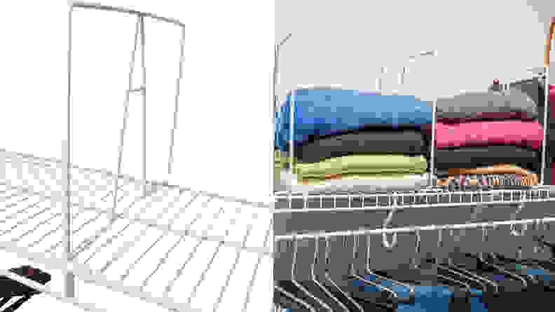 A wire shelf divider separating clothing.