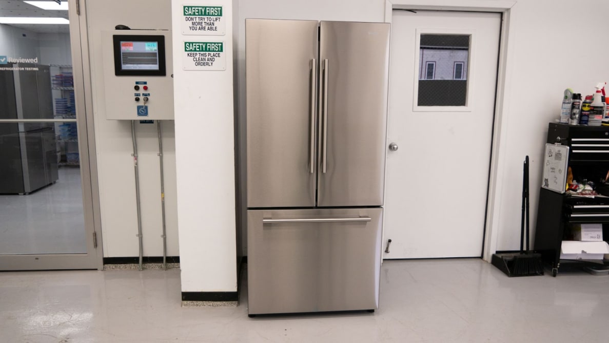 A close-up of the Galanz GLR18FS5S16 refrigerator sitting outside our refrigerator testing lab.