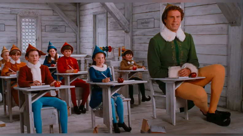 In Elf (2003), an oversized elf named Buddy (Will Farrell) crowds an elf-sized classroom of fellow (less…large) elves as they learn about their pending toymaking careers.