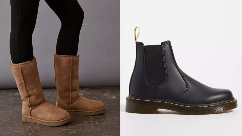 Ugg boots and a single Dr. Martens boot, among the best boots to buy at Anthropologie.