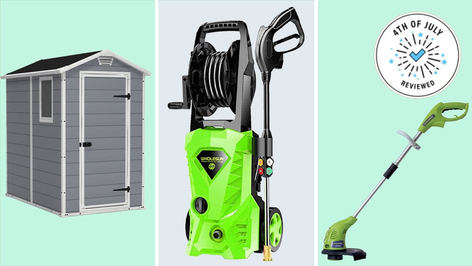 A composite of three images: A Keter shed, a Wholesun pressure washer, and a Greenworks string trimmer.