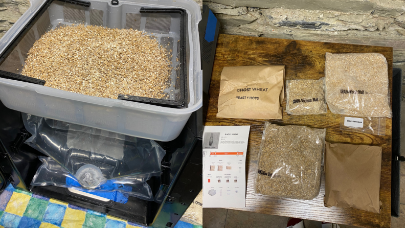 On the left, a basket of grains is waiting to be heated up to create the liquid that later to be fermented into beer. On the right, a kit of ingredients needed for a beer are on display.