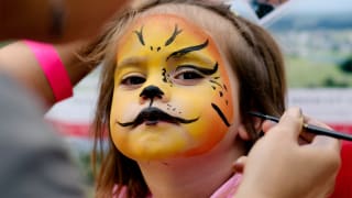 一个孩子为了万圣节把自己的脸涂成狮子的样子。
