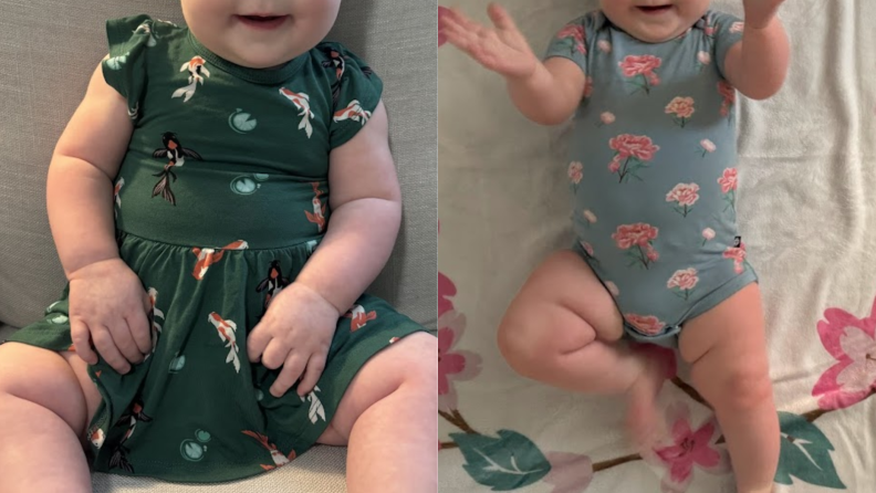 A photo collage of a small infant sitting up while wearing a dark green, printed, onesie dress and a printed onesie with flowers on it.