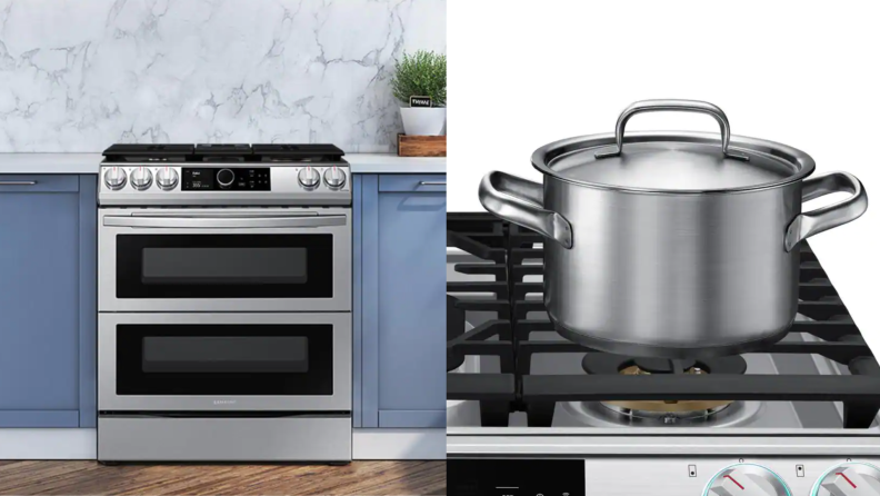 Left: the Samsung NY63T8751SS in a kitchen with blue cabinets. Right: a pot sits on the burner