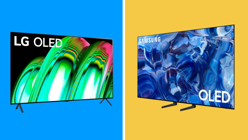 Flat screen LG TV and Samsung TV on blue and gold background