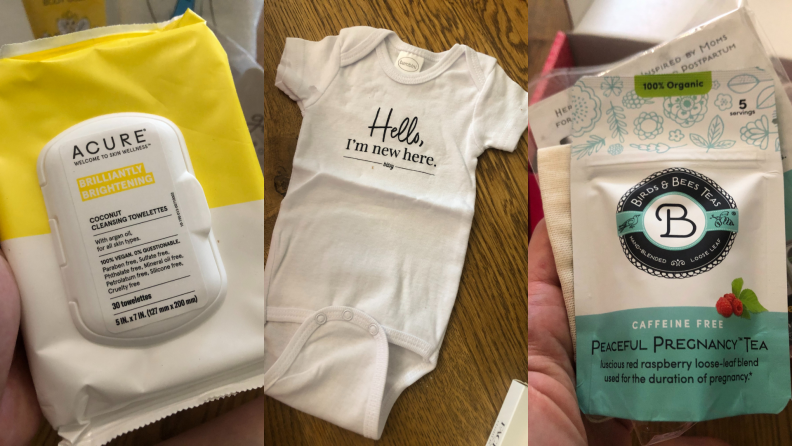 Products from a Bump Boxes subscription include cleansing towelettes, a baby garment, and pregnancy tea.