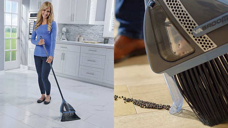 On left, woman using two-in-one broom to sweep up mess on floor. On right, broom using suction to vacuum line of dirt on floor.