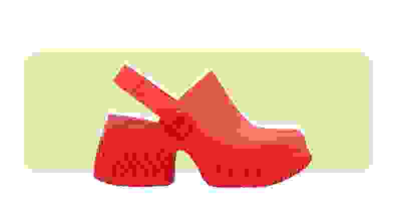 A heeled platform clog made from EVA rubber.