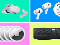 A four quadrant banner with a meta quest 2, airpods, airtags, and keyboard and mouse