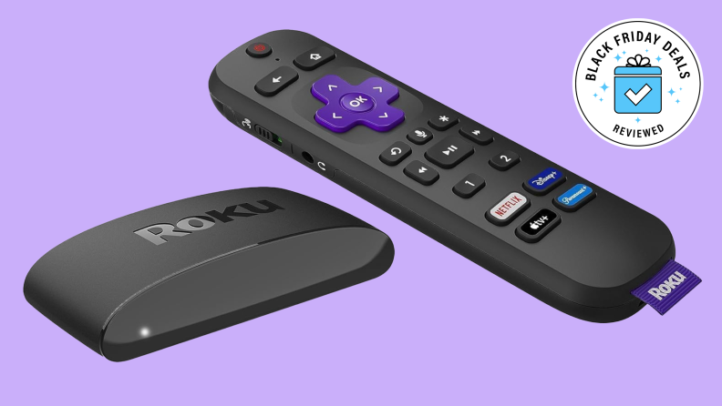 Enlarged image of the  Roku Express 4K with Voice Remote Pro on purple background.
