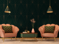 An Art Deco inspired sitting room with two pink armchairs and green accent table.