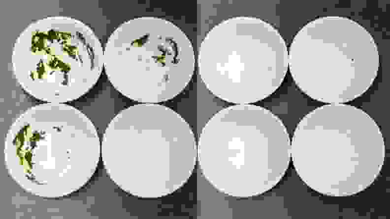 This image has two halves. The left half shows four bowls. One is mostly clean except for a small spec, but the other two have quite a lot of stain still remaining. On the right are also four bowls. One is spotless, and the other three have small specs comparable to the cleanest bowl from the left image.