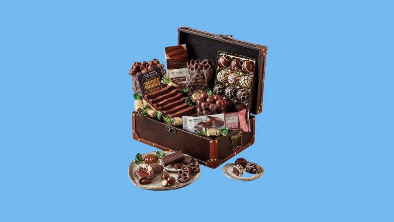 Box of chocolate candy and chocolate-covered pretzels