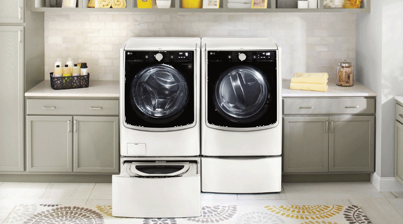 The LG DLEX9000 dryer with matching washer, in white