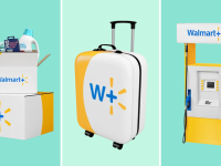 An image of a Walmart+-logo emblazoned box of delivered items, travel suitcase, and gas pump.