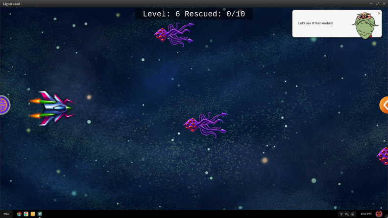Dodge asteroids and squids while collecting astronauts in the game of Lightspeed.