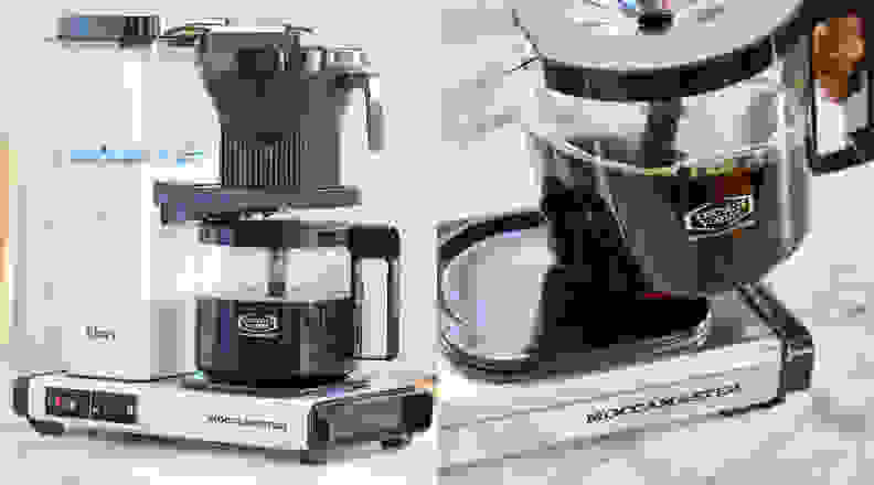 Split screen image. On left, our favorite coffee maker. On right, a close up of a hand lifting the coffee carafe
