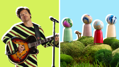 Harry Styles holding a guitar, next to an image of Shroom Bloom nail polishes sitting on green display mounds.
