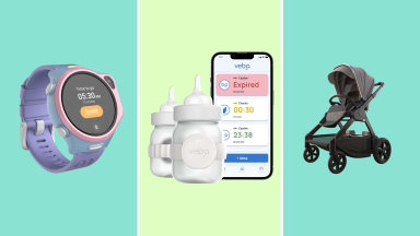 The MyFirst R2 watch, Veba smart bottle, and Rosa stroller on a colorful background