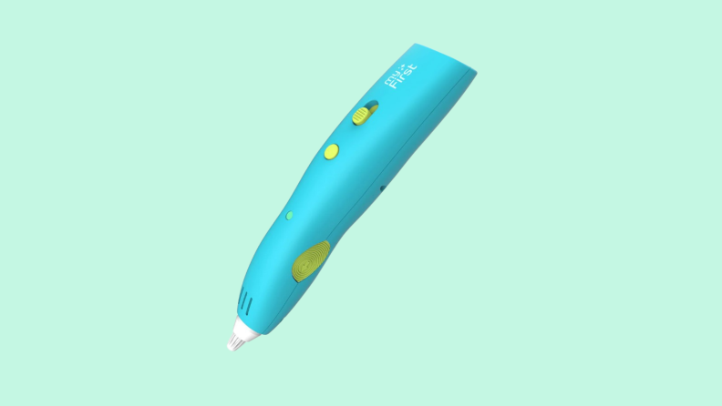 Aquamarine-colored 3D pen pointing downward against a light teal background.