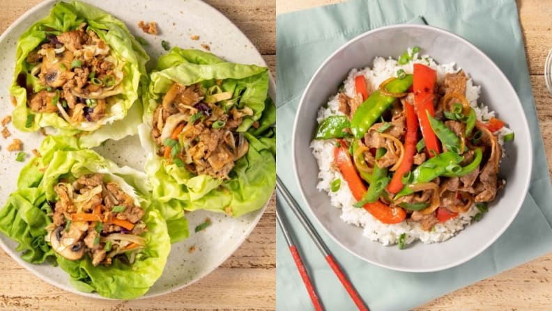 Lettuce wraps on a plate on the left. A beef bowl with rice, snap peas, and bell peppers on the right.