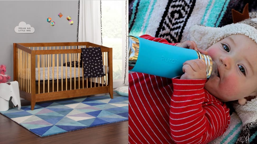 A Babyletto crib in a baby room. A baby drinking from a stainless steel water bottle.