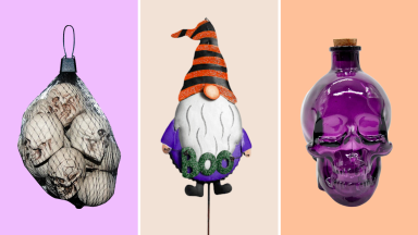 An image of a bag of bones in a net, a Halloween gnome with a striped orange and black hat on, and a purple skull-shaped vial.