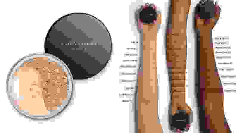 On left, cream colored foundation from BareMinerals. On right, different shades of foundation swatches on three different arms.