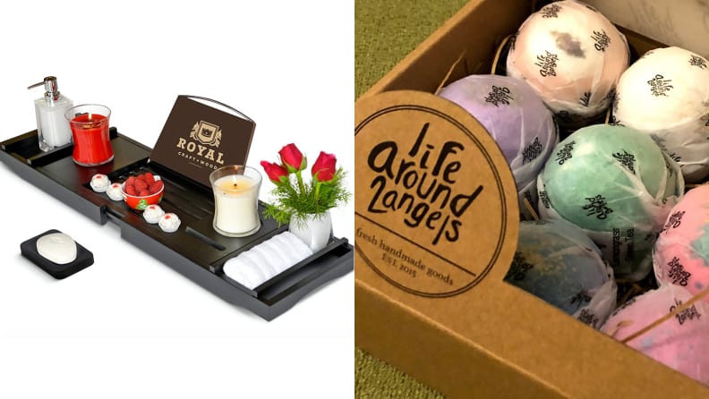 A bathtub caddy with bath items on it and a box of LifeAround2Angels Bath Bombs, among the best 30th birthday gift ideas.